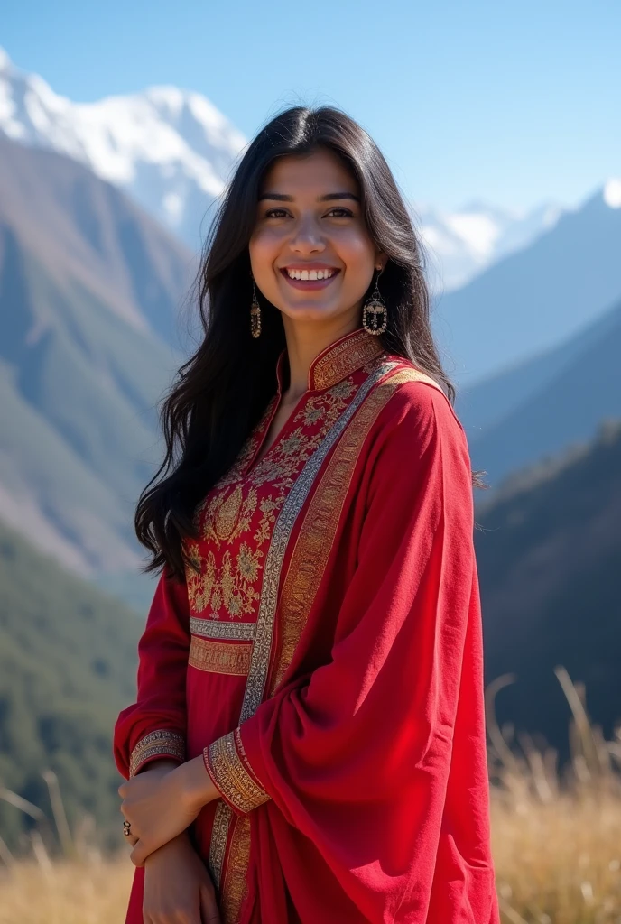 Beautiful Nepali woman, standing, wearing red nepali traditional kurtha suruwal, smiling, wholebody image