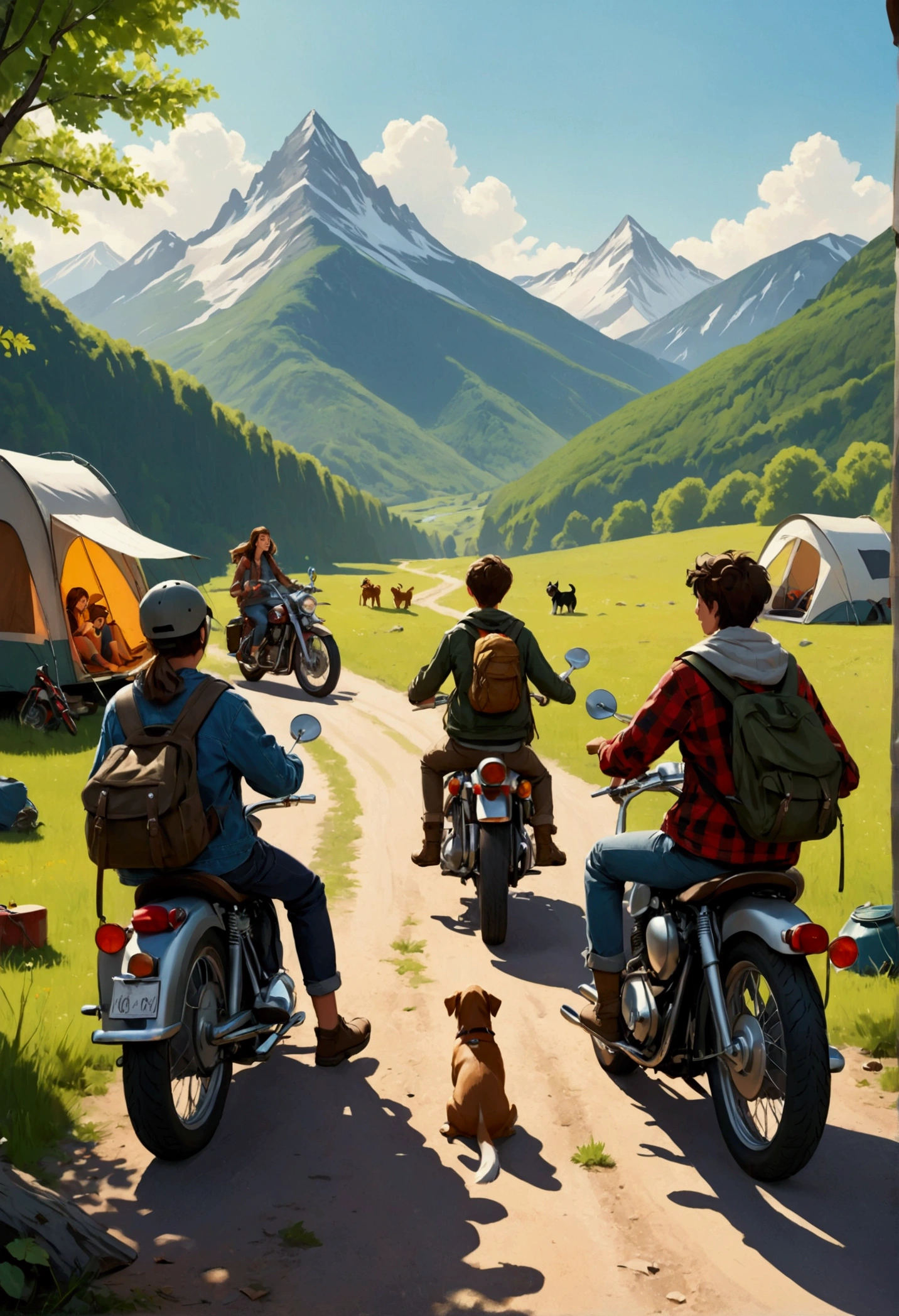 Young people on a trip on an American-type motorcycle, multiple people, camping, friendship, youth, countryside, mountains, dog friends, best picture quality.