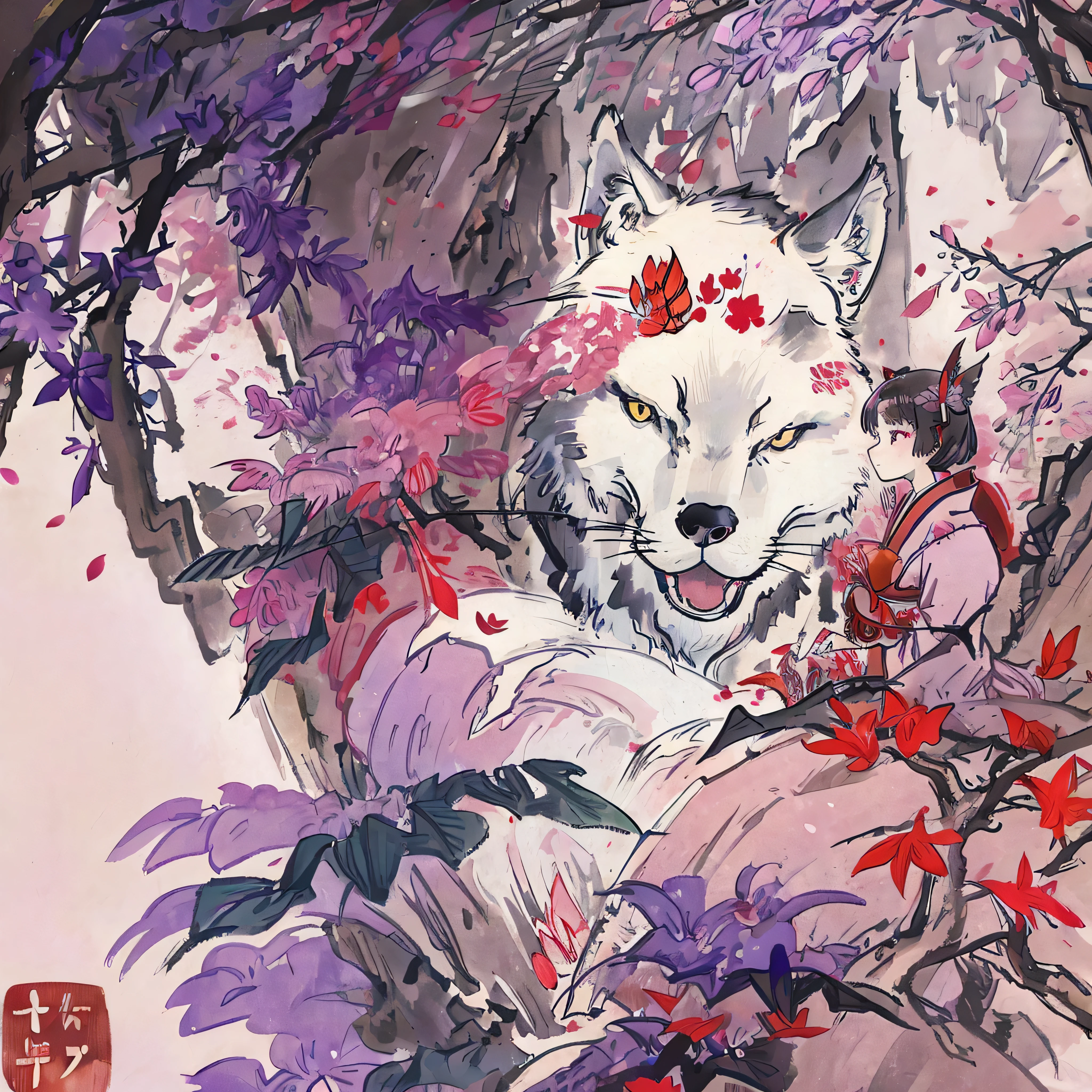 beautiful wolf girl, red kimono, wisteria forest, dark night, Beautifully Aesthetic,wisteria, peace, tranquility, serenity, petals, butterflies,