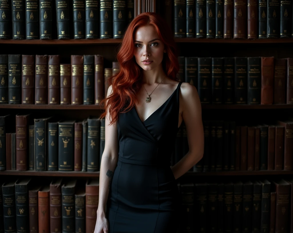 full body photo, beautiful redhead woman, 25 years old,  hourglass figure body, wearing a black pencil dress standing, Christian Louboutin black shoes, choosing books in an old library, ultra realistic photography, studio photography, 32k, ultra quality