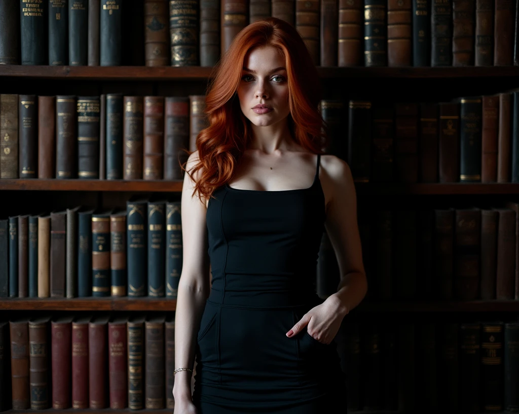 full body photo, beautiful redhead woman, 25 years old,  hourglass figure body, wearing a black pencil dress standing, Christian Louboutin black shoes, choosing books in an old library, ultra realistic photography, studio photography, 32k, ultra quality