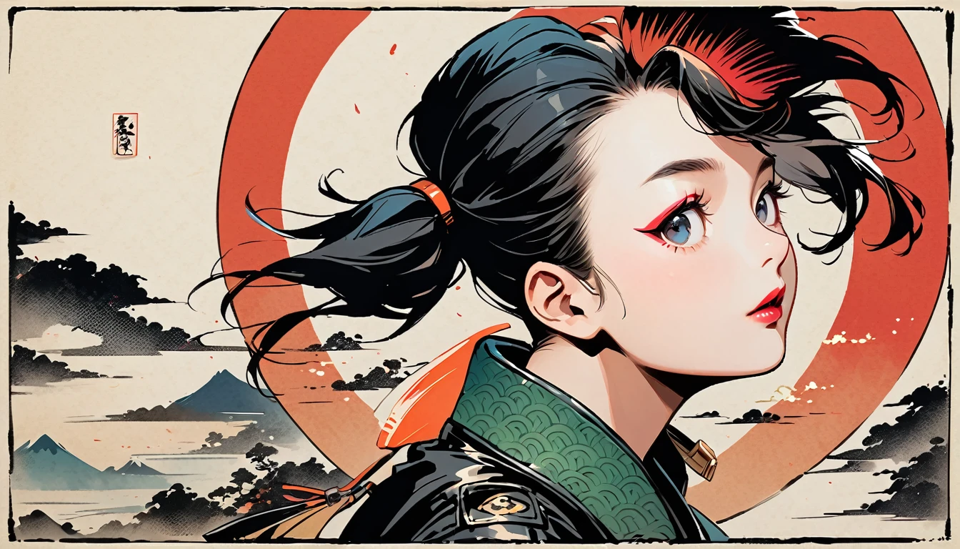 (((Ink Painting))), (((from above))), (((1 female))), (((Leather jacket with Japanese patterns))), (((Mohawk))), (((Very flashy makeup))), Japanese style headphones, face close-up, front view, Japan人の美少女, Black Hair, Delicate and precise, Modern ukiyo-e style,Japan, Droopy eyes, round face, Glare, Fuller lips, vivid color