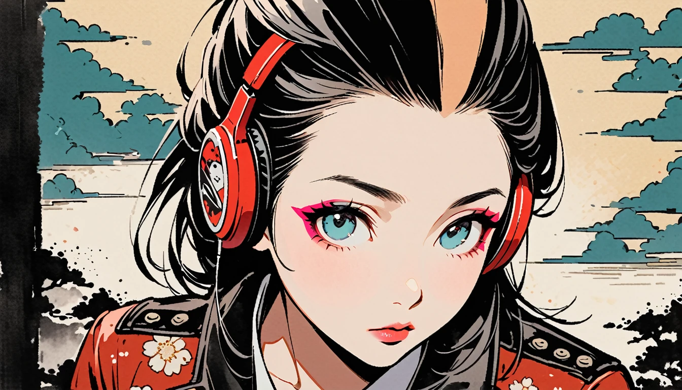 (((Ink Painting))), (((from above))), (((1 female))), (((Leather jacket with Japanese patterns))), (((Mohawk))), (((Very flashy makeup))), Japanese style headphones, face close-up, front view, Japan人の美少女, Black Hair, Delicate and precise, Modern ukiyo-e style,Japan, Droopy eyes, round face, Glare, Fuller lips, vivid color