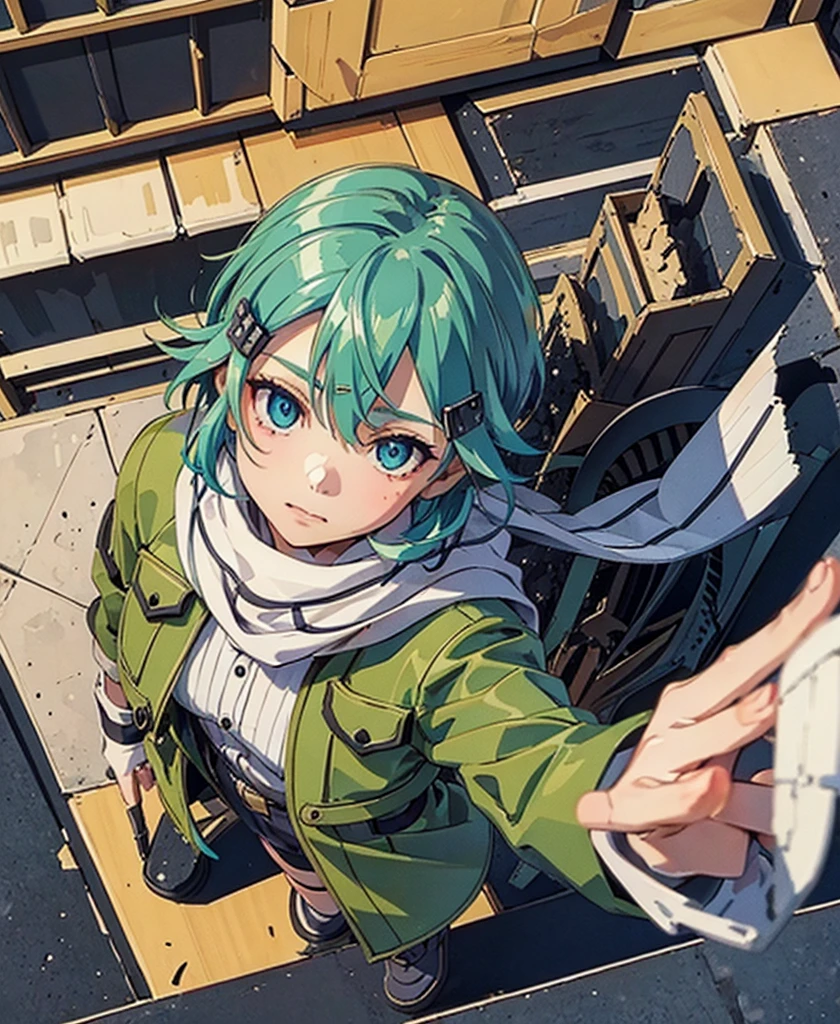 (masterpiece), Highest quality, Expressive eyes, Perfect Face, High resolution, Chinon 1, A long white scarf with a black line down the middle, Fingerless gloves, Long sleeve, Short shorts, hair ornaments, Hair Clip, Green knee socks,Short green jacket, Thigh straps, Field, ,Hard boots ruins background, Destroyed building, Are standing, Portraiture, Looking at the audience, (From above:2)