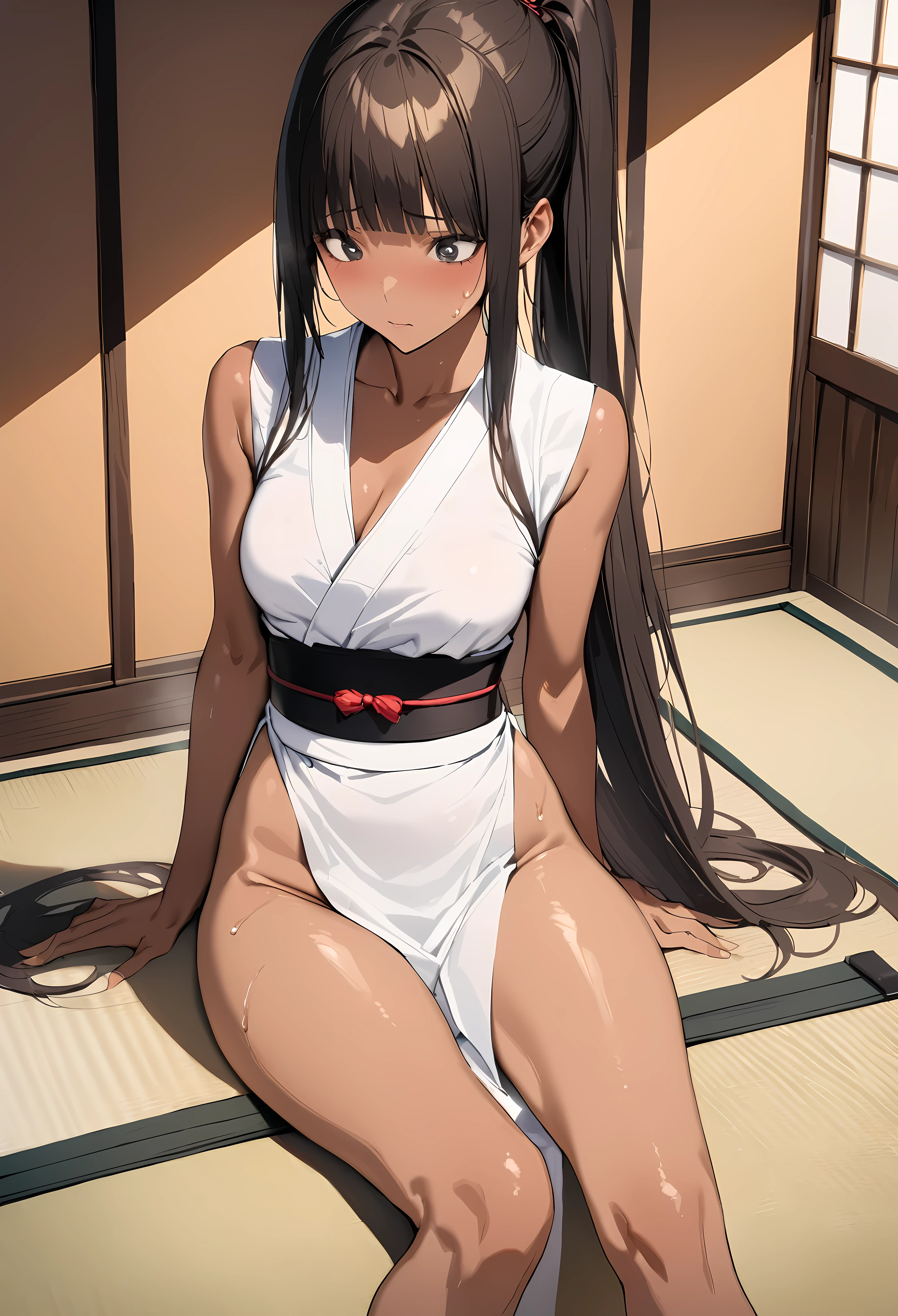 ((masterpiece,best quality anime,Highest quality:1.3)),realistic,cowboy shot,(25 year old beauty),Female ninja、1woman,solo,((very small head:1.4)),((very long body:1.3)),black hair,bangs,(long ponytail hair),gorgeous big eyes,black eyes,shy,((tan skin:1.4)),((slender body:1.3,skinny)),medium breasts,gleaming skin,shiny skin,((White kimono、Black obi for a kimono、Sleeveless、Side slits、)),sweat:1.3,sitting,spread legs:1.3,Tatami floor,Japanese-style room、Japanese-style house、