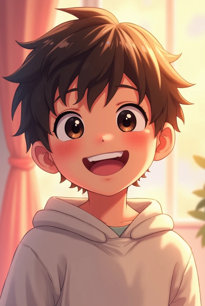 An anime boy with brown hair and big eyes staring at the camera[[[[smile]]]], White sweatshirt，smileと輝く瞳, 大きな目と恐ろしいsmile, Shiny brown head, Black eyes gleaming,, Performance, Laughter,