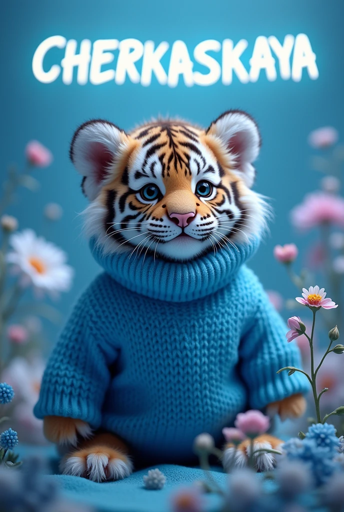 A fluffy tiger in a blue sweater on a background of delicate flowers with a blue tint and neon letters says CHERKASKAYA very gentle photo