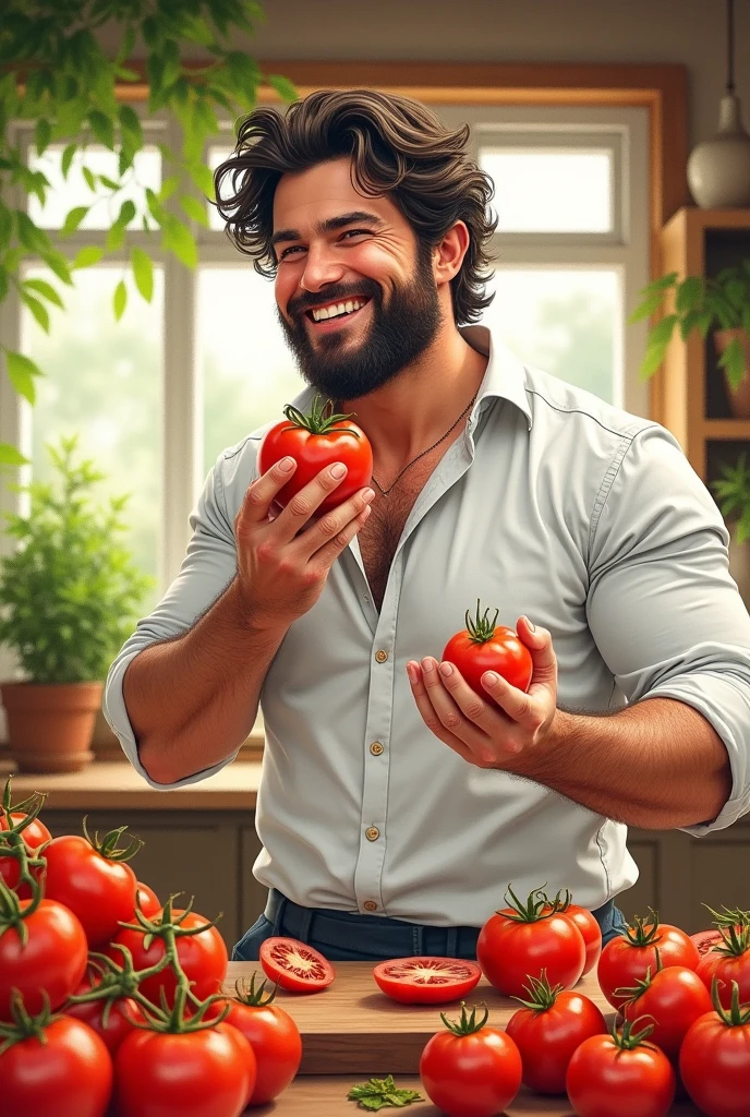 A standing illustration of a man eating tomatoes