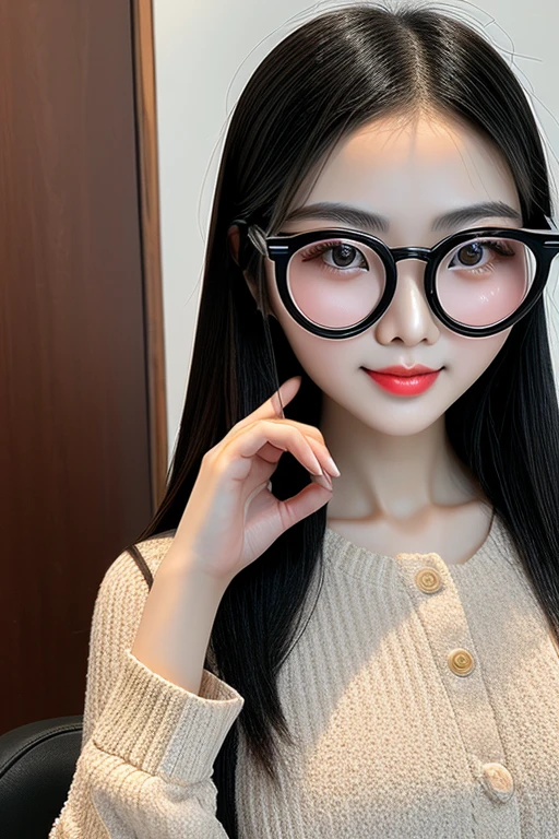 The face of a Chinese woman in round glasses with black frames.