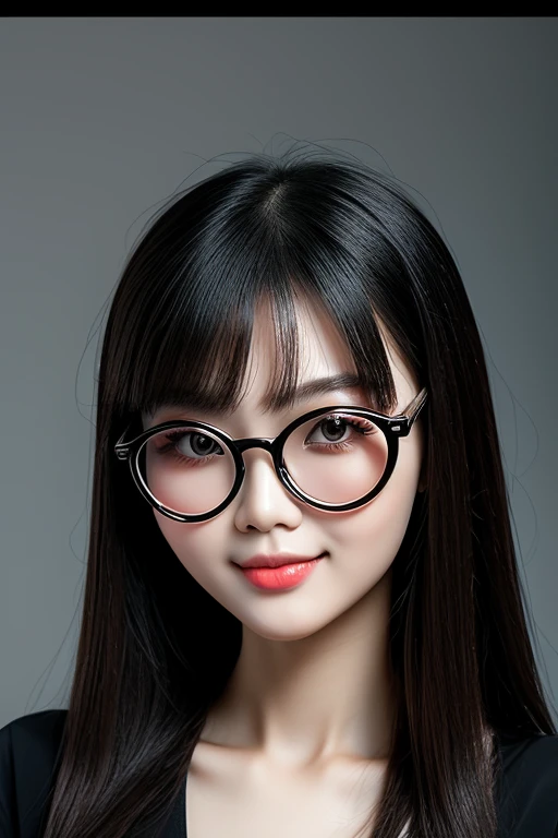 The face of a Chinese woman in round glasses with black frames.