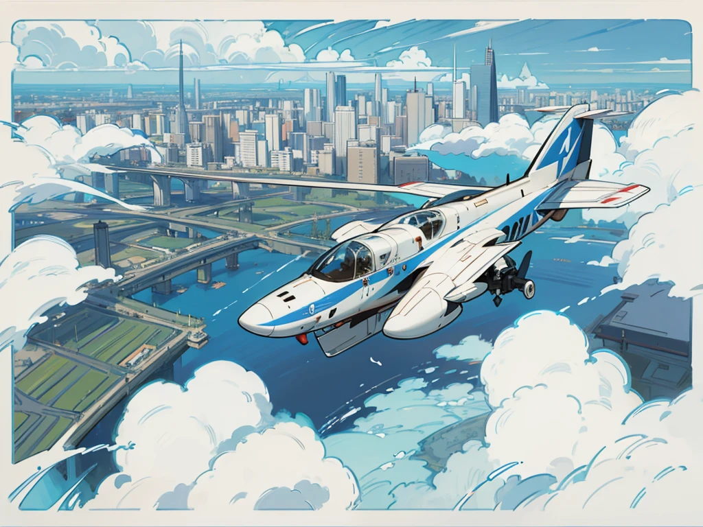 Flat painted hand-drawn background, Makoto Shinkai's sky, blue, with a studio and city below, drone plane, large background generation