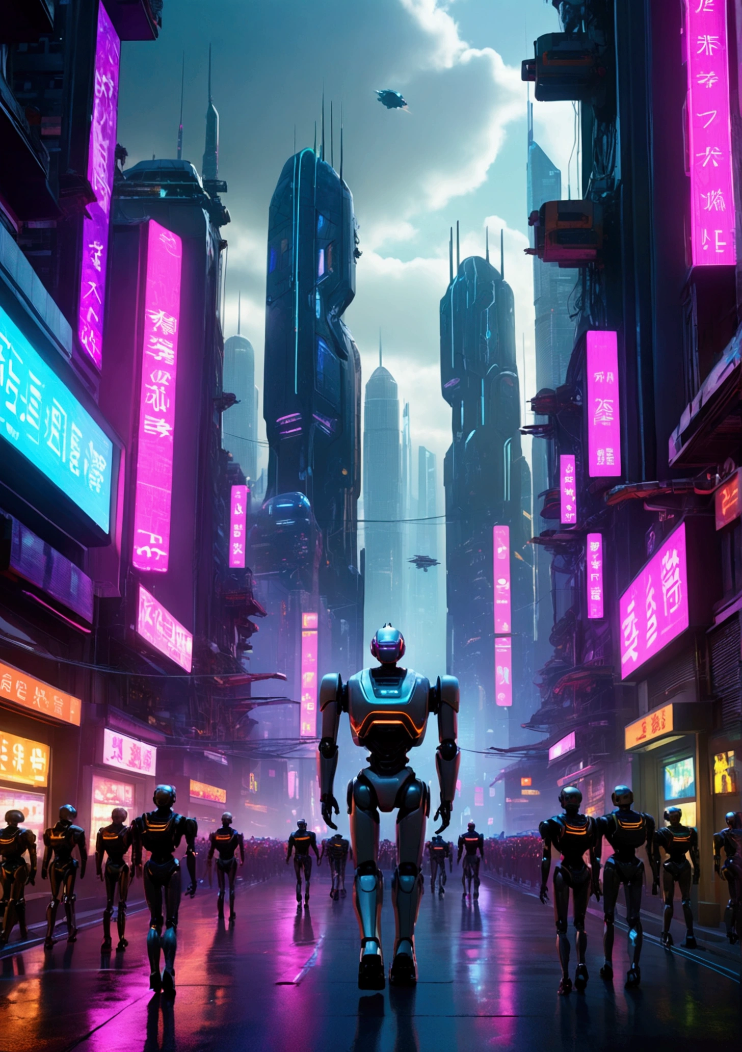 A futuristic cinematic scene featuring two rows of highly advanced humanoid robots marching in formation through a city. The scene is captured in a vertical, long shot, emphasizing the vast cyberpunk-style future city around them. The environment includes numerous tall buildings, neon signs, and a technologically advanced atmosphere. The robots, with their sleek metallic design, walk in perfect sync down the middle of the street, reflecting the glowing lights from the environment. The background showcases skyscrapers, flying vehicles, and a mix of dark and vibrant colors typical of a cyberpunk world