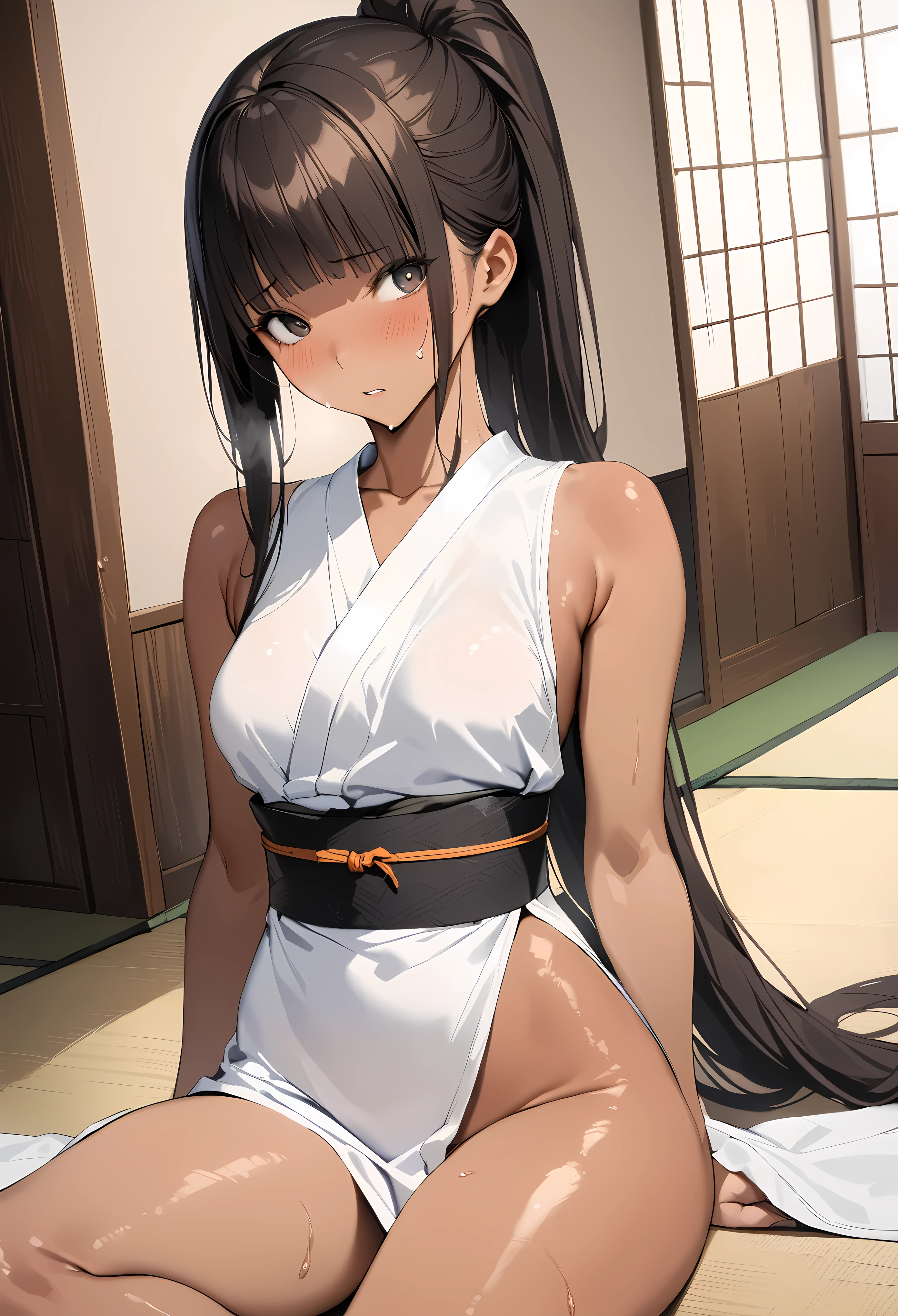 ((masterpiece,best quality anime,Highest quality:1.3)),realistic,cowboy shot,(25 year old beauty),Female ninja、1woman,solo,((very small head:1.4)),((very long body:1.3)),black hair,bangs,(long ponytail hair),gorgeous big eyes,black eyes,shy,((tan skin:1.4)),((slender body:1.3,skinny)),medium breasts,gleaming skin,shiny skin,((White kimono、Black obi for a kimono、Sleeveless、Side slits、)),sweat:1.3,sitting,spread legs:1.3,Tatami floor,Japanese-style room、Japanese-style house、