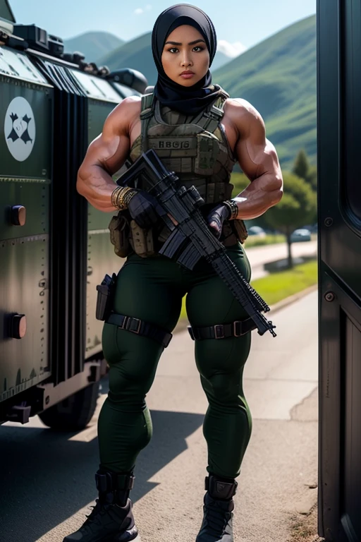 Photorealistic, high resolution, 1 malay woman in hijab, Solo, Hips up, army camp background，view the viewer, (Detailed face), White hijab, SWAT vests, sniper rifle handle, Black military uniform, bulletproof vest, Holding an assault rifle, M16, Inside the city, Very detailed, Perfect face, Black eye, jewelry, (full body view)
