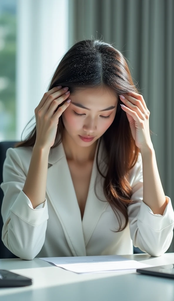 Create an Asian long-haired beauty,Wearing white business attire,Scratching the scalp with both hands,There is a lot of dandruff on the top of the head,White fine dandruff on the top of the head,The expression is unhappy,The characters are realistic and realistic,Office Background,9:16 frames,Ultra-high-definition picture quality