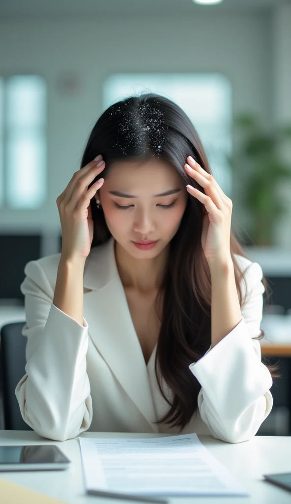 Create an Asian long-haired beauty，Wearing white business attire，Scratching the scalp with both hands，There is a lot of dandruff on the top of the head，White fine dandruff on the top of the head，The expression is unhappy，The characters are realistic and realistic，Office Background，9:16 frames，Ultra-high-definition picture quality