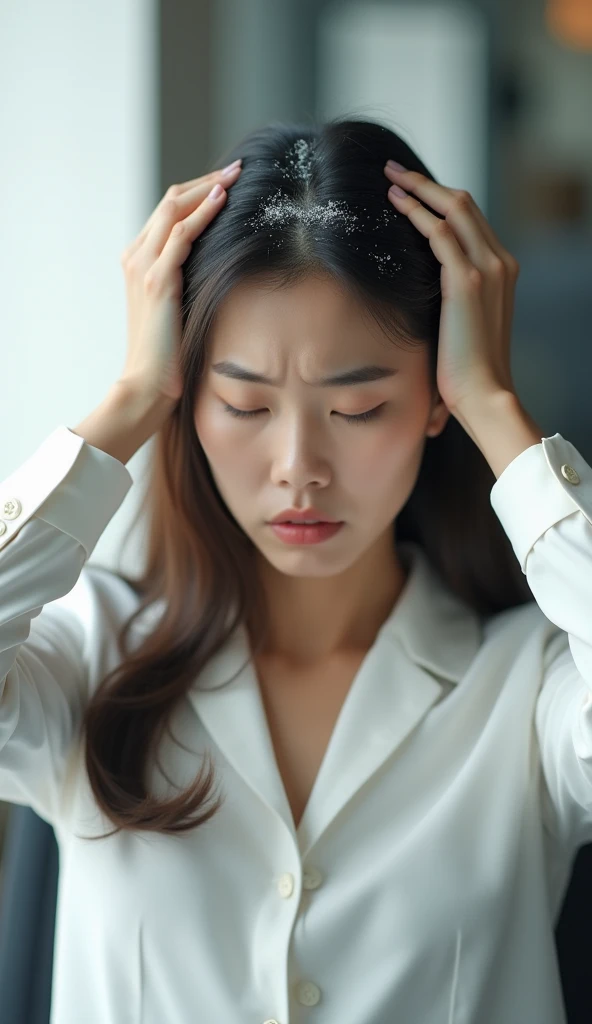 Create an Asian long-haired beauty,Wearing white business attire,Scratching the scalp with both hands,There is a lot of dandruff on the top of the head,White fine dandruff on the top of the head,The expression is unhappy,The characters are realistic and realistic,Office Background,9:16 frames,Ultra-high-definition picture quality