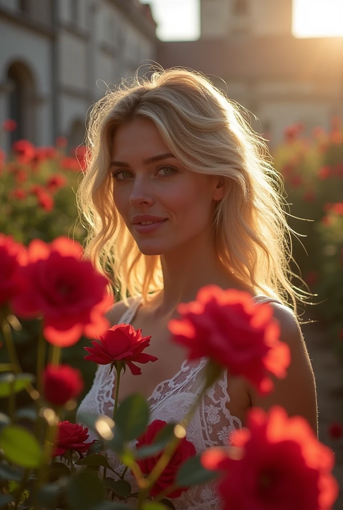 Masterpiece, ultra realistic. First low third of the image is full of blurry red roses. Behind the roses is a leaning forward an ultra hot gorgeous European woman, age 23, wavy blonde hair, sheer lace, she’s smelling the roses with a subtle smile. Background saint roper, france. Early morning light.