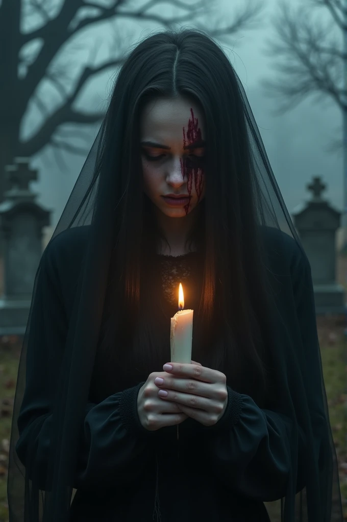 Sad girl's ghost, black color, holding candle, face and hands, injury in face, bleeding eyes