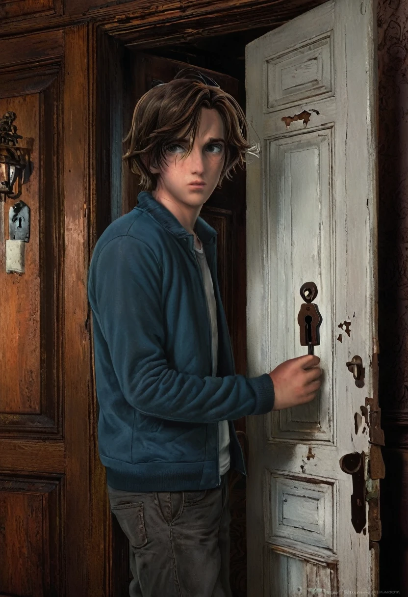 Searching the House: Ben is shown wandering through his old, creaky home, examining various doors and locks in different rooms. The house is large and slightly run-down, with a dark and moody interior. Ben looks puzzled as he checks different keyholes, all of which don’t fit the rusted key.