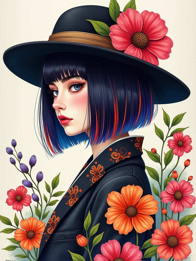Prompt:
8K quality, watercolor painting, stylish design, (((The strongest beautiful girl of all time))), (((Japanese))), Fashionable hats, (((highest quality))), bob hair, HDR, ((Detailed details)), skull fashion, detailed clothing texture, (((graffiti art))), colorful hair, ((masterpiece))、((Super detailed))、colorful flowers