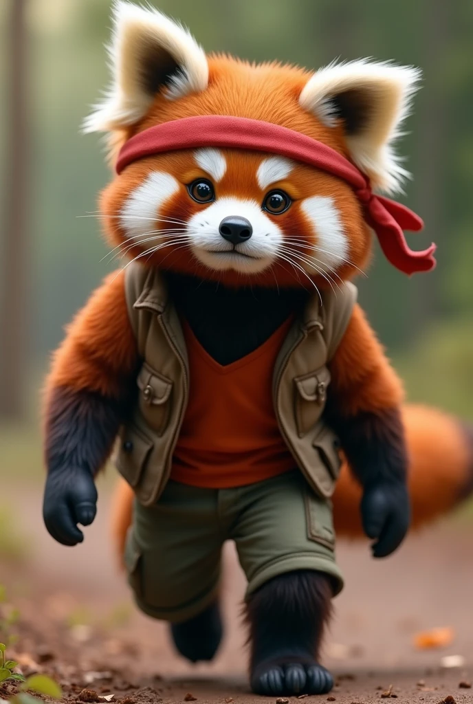 Rescue Story
"his adorable and determined personified red panda persona, Wearing a torn vest, He captivates viewers with, Shorts and a headband, Walking on solid ground. . The red panda's fur is fluffy and well-groomed., Add an engaging element to your intense training sessions. 8k resolution,