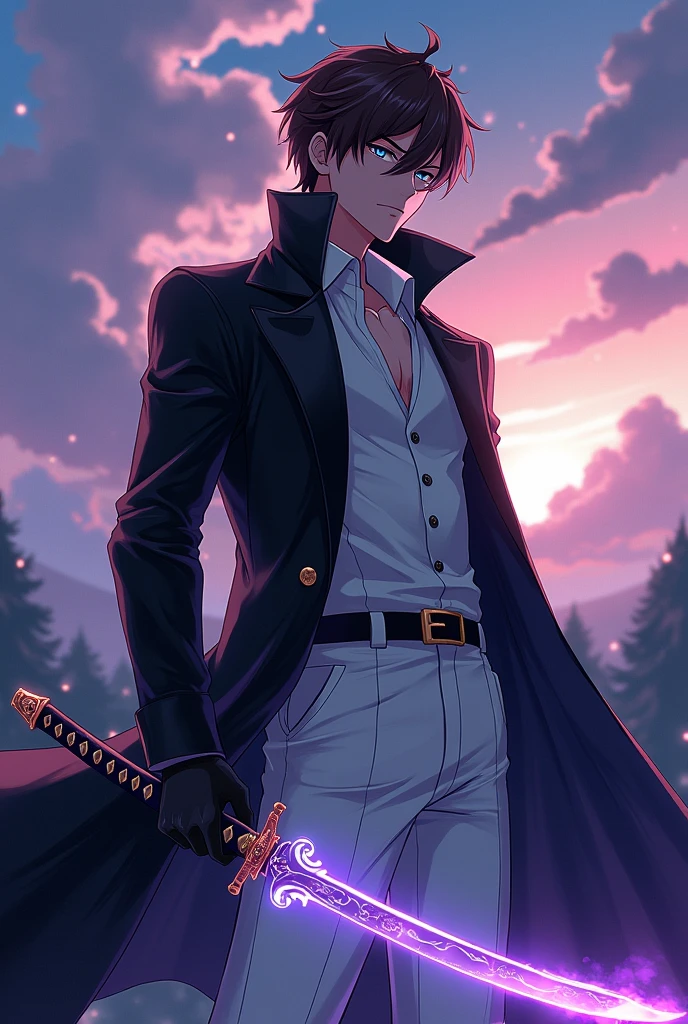 An anime man wearing a long black leather jacket with a white suit, with brown hair and two-colored eyes, one blue and the other black, he is holding a Katana with a magical aura around him