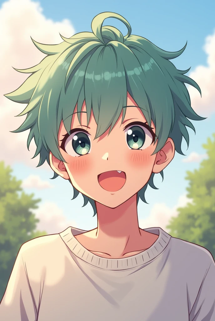 An anime young man with tea-colored hair and large eyes is looking at the camera.[[[[smile]]]], White sweatshirt，smileと輝く瞳, 大きな目と可愛いsmile, Shiny brown head, Black eyes gleaming,, Performance, Laughter,
