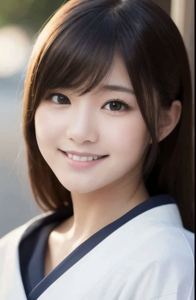 best quality, face focus, soft light, ultra high res, (photorealistic:1.4), RAW photo,(Shinozaki Ai), white skin, kawaii, 1 Japanese girl, solo, cute, (smile), (pupil, lights in the eyes), detailed beautiful face, Medium-sized breasts,(high resolution detail of human skin texture),(long hair),(portrait), upper body, white traditional kimono
