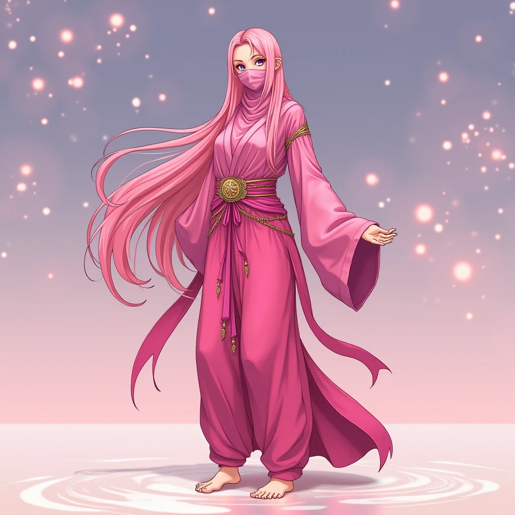 Tall Women,solo,Long pink hair, Bright pink, whole body, Standing pose, Bright pinkの衣装, Arabian Nights, Long and Wide Harem Pants, Face Veil, barefoot, anime