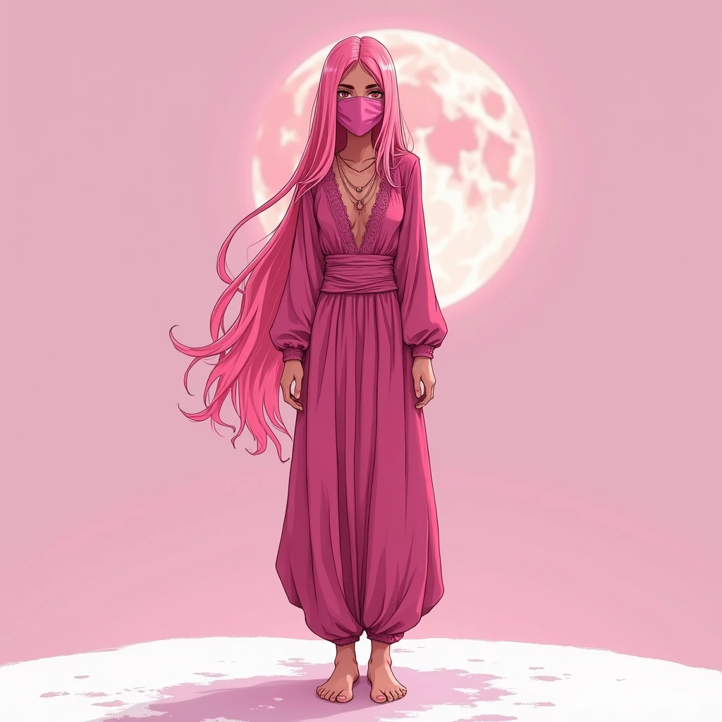 Tall Women,solo,Long pink hair, Bright pink, whole body, Standing pose, Bright pinkの衣装, Arabian Nights, Long and Wide Harem Pants, Face Veil, barefoot, anime