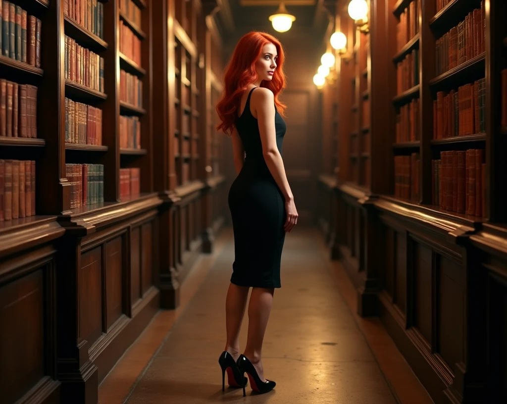 full body photo, beautiful redhead woman, 25 years old, hourglass figure body, wearing a black pencil dress standing, Christian Louboutin black shoes, choosing books in an old library, ultra realistic photography, studio photography, 32k, ultra quality