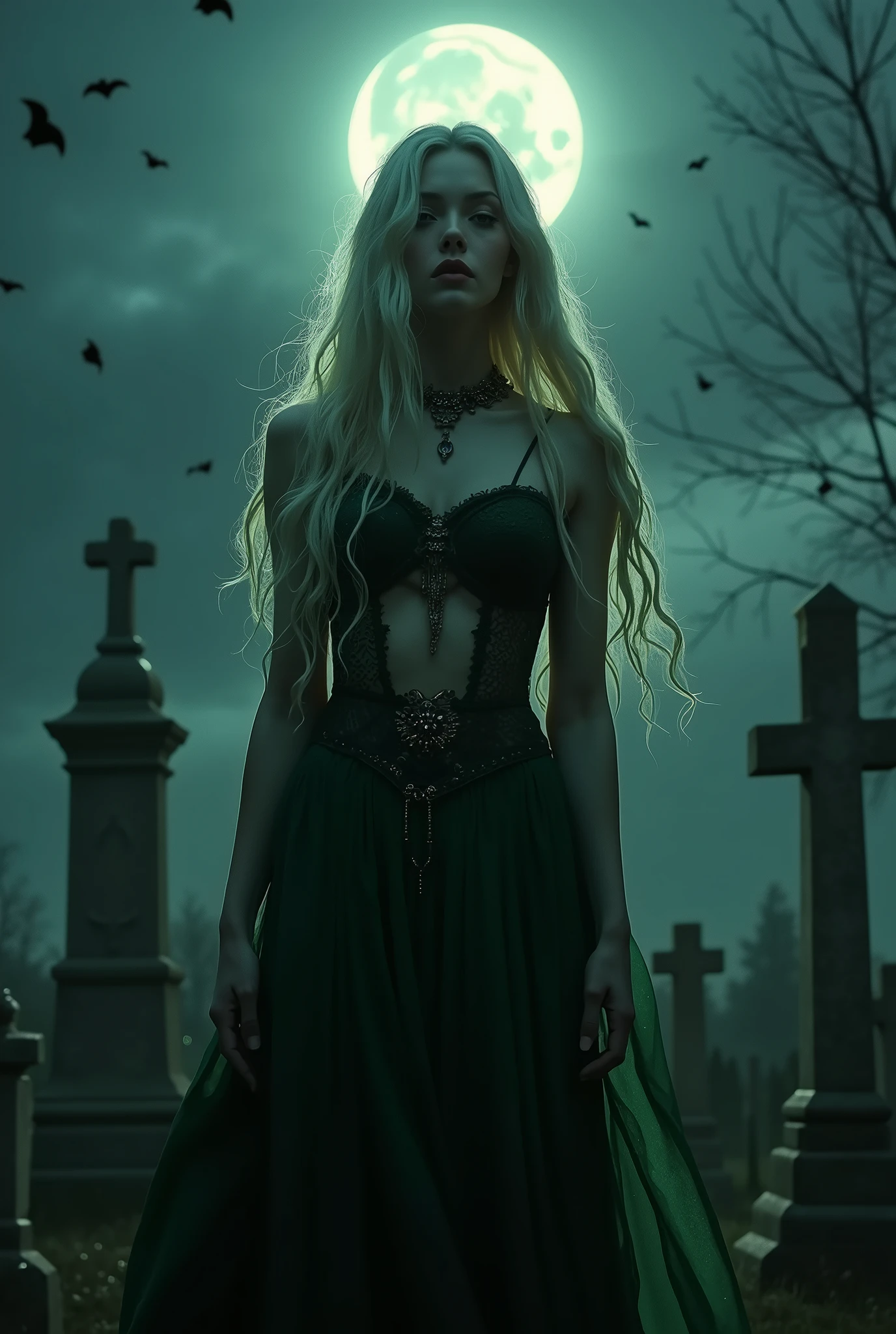 (more than 18 year old models), 2 Muscular 25-year-old men, (2 men fucking one girl, ass and mouth penetration), Highest quality, Highest quality, 16K, Unbelievably absurd, Very detailed, 2.5D, delicate and dynamic, Cemetery, Moonlit Night, storm, thunderstorm, Scary Sky, Tiny faint lights and colorful lights, A lot of bats, magic, Small face, Very delicate facial expressions, Delicate eye depiction, Upper body close-up,, erotic, dynamic sexy poses, One sexy woman, Healthy body shape, 24-year-old woman, doaxvv_marie rose, witch, Height: 170cm, big firm bouncing busts, , blonde very long wavy hair, twin tail,, Glaring at the camera, Looking up, Invincible laughter, A complex, gothic-style long dress, , Green long skirt, garter belt,