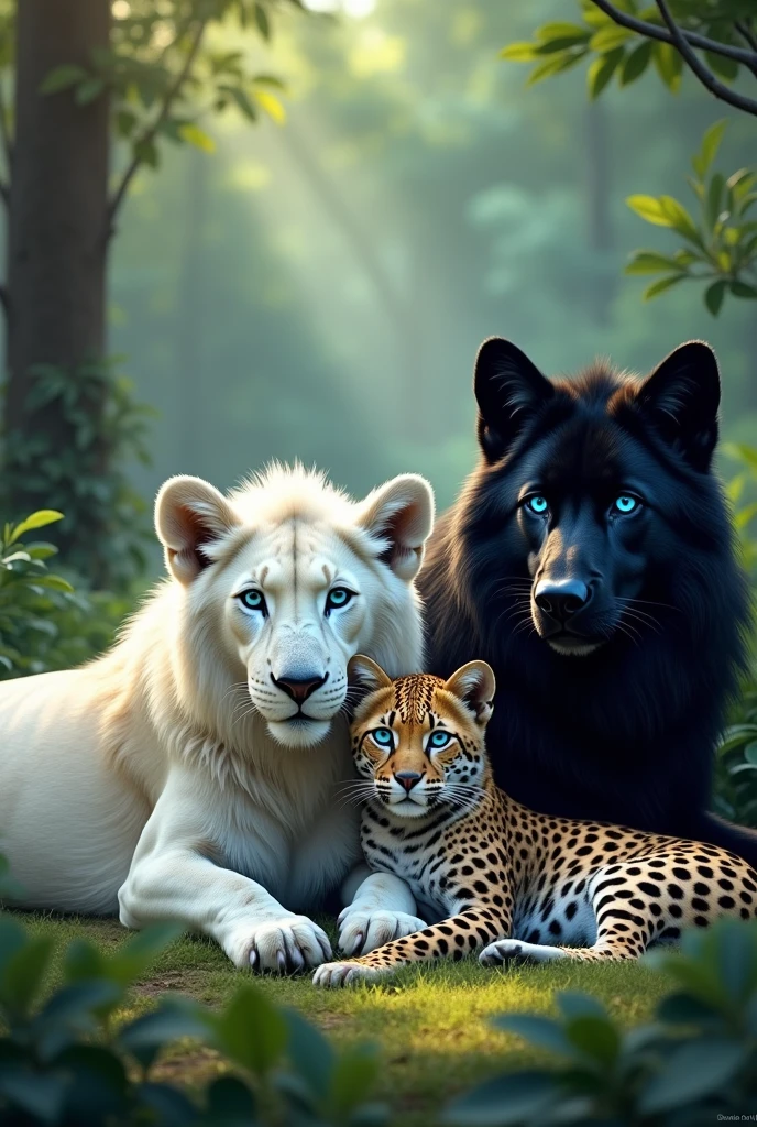 white lion with blue eyes, black wolf with blue eyes, blue-eyed leopard and aquamarine-eyed cheetah, everyone lying together