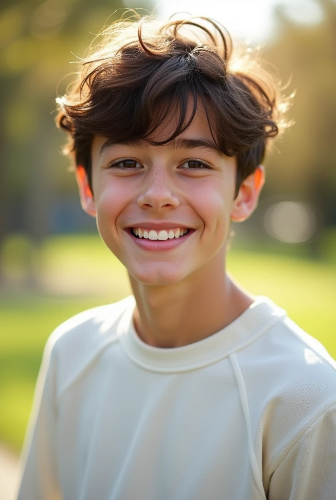 An anime young man with tea-colored hair and large eyes is looking at the camera.[[[[smile]]]], White sweatshirt，smileと輝く瞳, 大きな目と可愛いsmile, Shiny brown head, Black eyes gleaming,, Performance, Laughter,