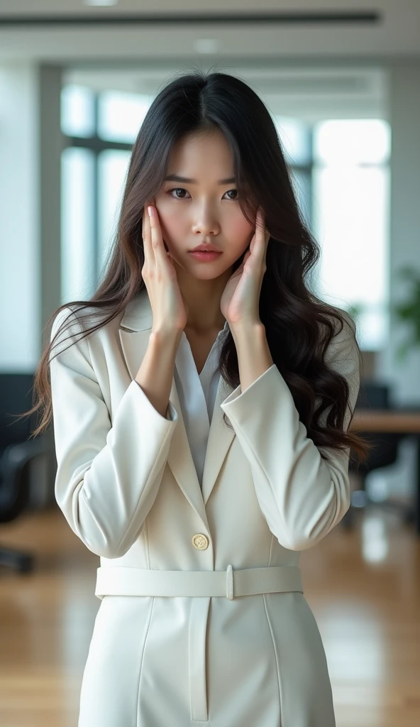 Create an Asian long-haired beauty，Beautiful big eyes，Standing on the ground，Wearing white business attire，Scratching the scalp with both hands，There is a lot of dandruff on the top of the head，White fine dandruff on the top of the head，The expression is unhappy，The characters are realistic and realistic，Office Background，9:16 frames，Ultra-high-definition picture quality