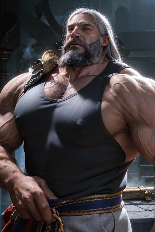 (giant, colossal, muscular, gigantic man,larger-than-life figure, towering presence, overwhelming size, immense power, massive strength), growing in size with each passing moment, expanding exponentially, becoming larger and larger than any man-made structure, dominating the landscape, a true titan among men. (best quality, 4k, highres, ultra-detailed), with every muscle and sinew rendered in (realistic, photorealistic) detail, every bulge and vein meticulously captured, showcasing the (raw power, strength, intensity) emanating from his form, he crushes buildings with his muscles, he destroys everything. The artist has used a (hyperrealistic, lifelike) medium to depict this colossal figure, with a (tactile, textured) quality that invites the viewer to reach out and touch the massive physique. The lighting is strategically positioned to emphasize the (muscular definition, size) of the man, casting (deep shadows, dramatic highlights) that enhance his imposing presence. The colors used are bold and vibrant, capturing the intensity of the scene, with (rich tones, vivid hues) that add depth and dimension to the artwork. The overall effect is one of awe and wonder, as the viewer is confronted with the sheer magnitude and power of this gigantic man, Old man, JP, An award-winning original photo, ( brown skin color), long gray hair, full white beard, A wild muscular old man, (80 years old daddy:1.1), 1boy, Solo, (tanktop), (big shoulders), musculature, stubbles, dark skin, long grey hair, thick grey beard, Detailed face, (evil smile), blue eyes, veins, wrinkles, big old man nose, nose with pronounced bridge and outward curve that protrudes from the base of the nose, dark olive skin color, brown skin, veins, absurdly huge nose, hawk nose, convex nose, well groomed moustache, (flexing his biceps), Dynamic Angle, volumetric lighting, (Best quality, A high resolution, Photorealistic), Cinematic lighting, Masterpiece, RAW photo, Intricate details, hdr, upper body shot

