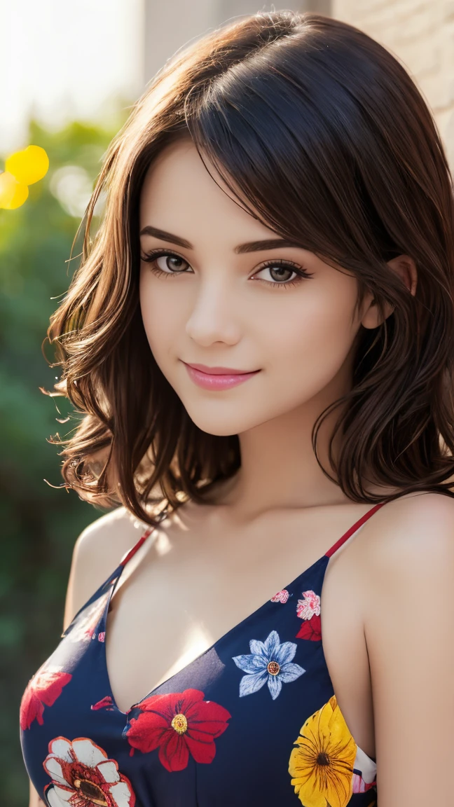 a beautiful girl with short curly brown hair,smiling,,dressed in a yellow dress with flower print,brown eyes,(best quality,4k,8k,highres,masterpiece:1.2),ultra-detailed,(realistic,photorealistic,photo-realistic:1.37),HDR,UHD,studio lighting,ultra-fine painting,sharp focus,physically-based rendering,extreme detail description,professional,vivid colors,bokeh,pixel art,scenary