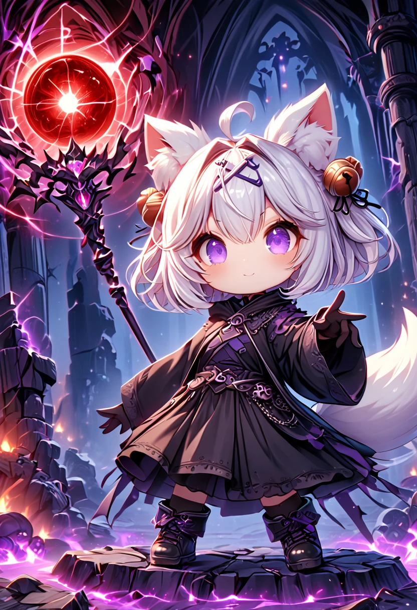 master piece, best quality, ultra-detailed, illustration, midnight, battlefield, gloomy atmosphere, red moon, broken castle, broken walls, ruins, purple flames, purple lightning, 1girl, solo, chibi, (big head), cute pose, front view, looking at viewer, ((full body Close up)), chubby, fat, filian, filianoverall, Filiansailor, ((white hair)) , short hair, shoulder length hair, fly-away hair, bangs, hairclip, purple hair ornament, cat ears, (hair bell:1.3) ahoge, purple eyes, closed mouth, smiling, (white fox tail), (black tattered robe), long gown, black arm sleeves, (black gloves) , wielding orbstaff, black stockings, black boots
