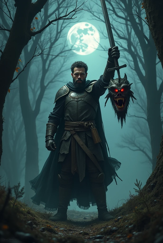 A sword man taking back a beheaded head of a scary creature