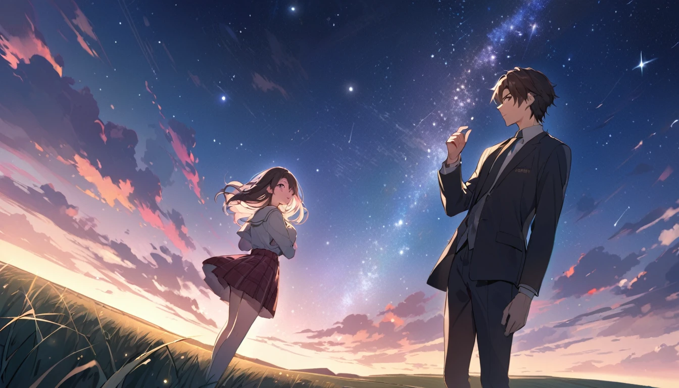 good looking, 2 high school students, Date,1 male, 1 female,Dark brown hair, Pink highlights on the tip, Pale pink eyes,A vast night sky with twinkling stars,A vast grassland,