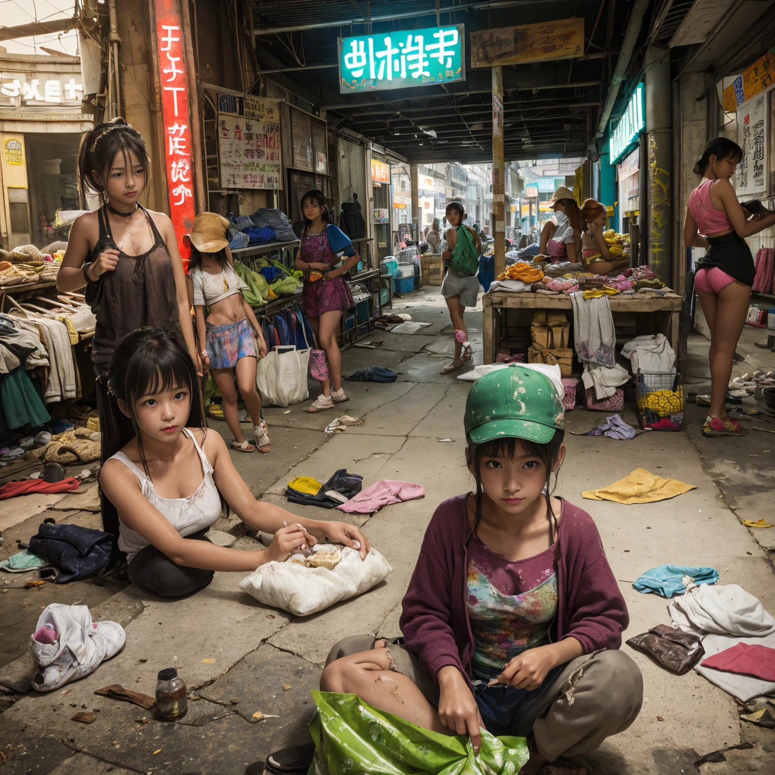 
((masterpiece、Highest quality))、Beautiful girls gather.、Girl in summer clothes、Three or more cute girls、(Detailed and cute face:1.3)、(Poor conditions、Dim and unsanitary、Crumbling underground shopping mall)、屋台のdiet店、stage、sewage、Dirty shop、street vendors、Unsanitary and abandoned city、smile、diet、Poor person々