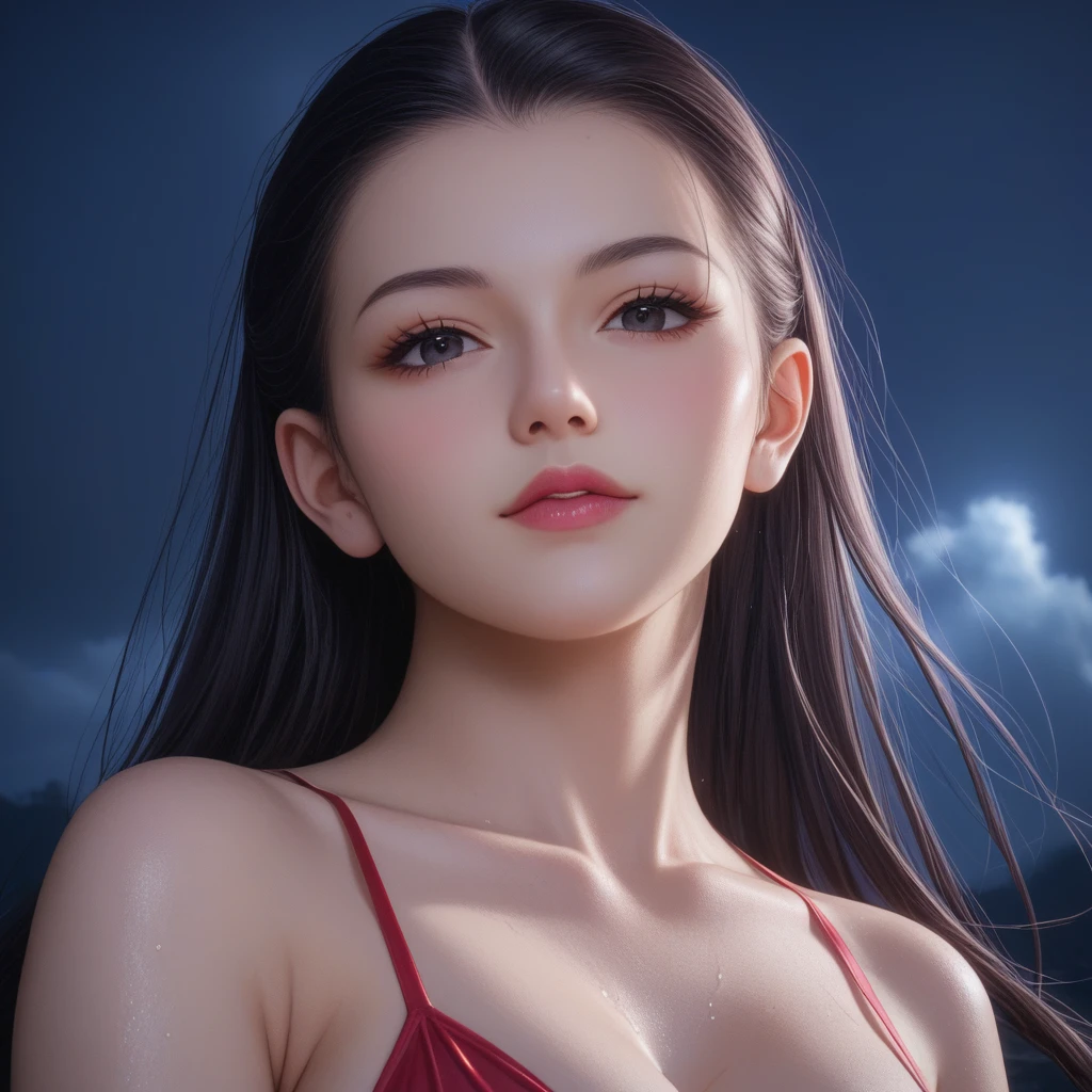 score_9, score_8_superior, score_7_superior, High-resolution CG illustration,A masterpiece in 32K resolution,Highest quality,it is really amazing,Very detailed,Ultra-high resolution,Ultra-realistic,Realistic,Increased depth of field,Cinematic lighting,
Sexy mature Japan woman,
Glossy black hair,Straight Long Hair,Showing his forehead,god々Beautiful,Ultra-detailed and beautiful face,Sensual look,Beautiful dark brown, moist eyes,Pitch black eyes,Glowing, moisturized skin,Translucent white skin,born々New skin texture,Wet body,Great proportions,
Elegant red swimsuit,
Simple design,Chic color scheme based on red,詳細なborn地の質感,
A dark and blurry night background,Dark overcast sky on a dull night,Dark clouds filling the sky,Thundercloud,Coastline at night,Stormy seas,delay々A desolate sandy beach that continues,
Cinematic,Low - Angle,