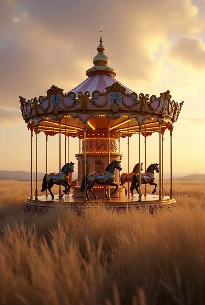 A vintage steampunk carousel, softly illuminated by warm, golden light, turning slowly in an endless field of tall, pale grass. The horses are brass but have a soft, almost ethereal glow, and the sky above is a muted lavender, blending into faded yellows and oranges