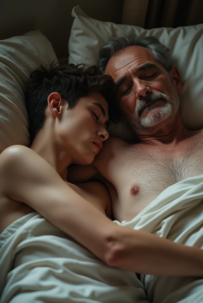 A young man sleeping on his back and an old man having sex with him , Peace as peace