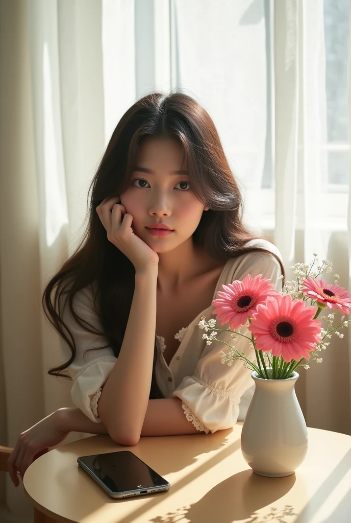 A 20-year-old woman, with a cute room, a large window in a Western-style building, a Western-style room, a table(A round beige table)A white curtain. An iPhone placed on the table. A woman resting her cheek on the table. She has long hair and is Japanese. A beautiful woman, detailed and exquisite. The side profile of a woman with a lonely expression. Brown eyes. A vase by the window. Pink gerberas. Small white flowers. A white vase. 

