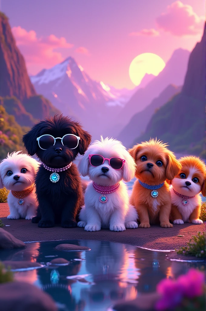 Create a disney movie poster titled Welcome to the Shiht Show in neon colors, mountains and creek on poster, starring Violet an adorable black shih tzu puppy with big blue eyes wearing diamond collar and sunglasses, starring Oakley a cute small black shih tzu puppy with big blue eyes wearing a leather collar with diamonds and sunglasses, starring lil miss mollie, an adorable fluffy white shih tzu puppy with light blue eyes wearing a bright pink collar with diamonds and sunglasses, starring Auggie an adorable gold and white shih tzu pppie with clear blue eyes wearing a leather and silver collar and sunglasses, starring Parker a funny brown and white shih tzu puppy with bright blue eyes wearing a leather collar with diamonds and sunglasses, happy, cheerful, playful, excited, bright colors in background, 3D Pixar style