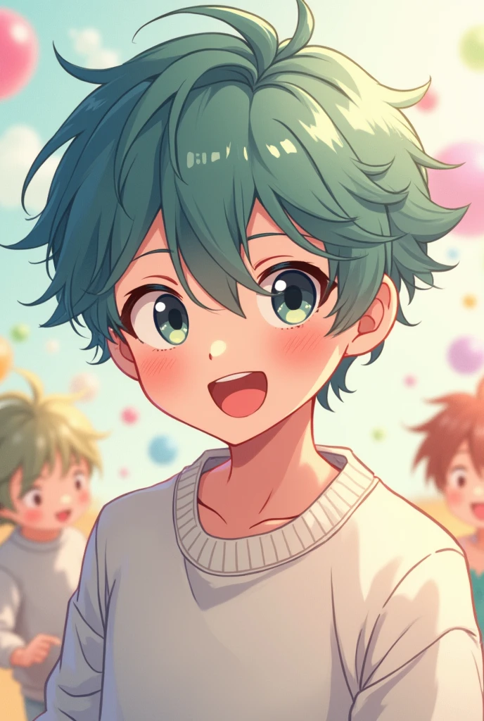 An anime young man with tea-colored hair and large eyes is looking at the camera.[[[[smile]]]], White sweatshirt，smileと輝く瞳, 大きな目と可愛いsmile, Shiny brown head, Black eyes gleaming,, Performance, Laughter,