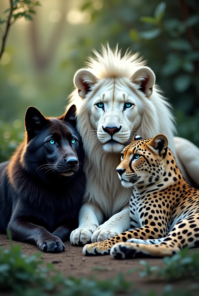 white lion with blue eyes, black wolf with blue eyes, blue-eyed leopard and aquamarine-eyed cheetah, everyone lying together 