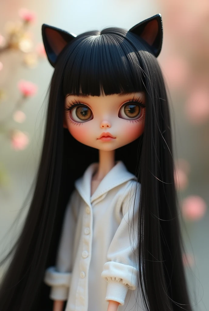 a Blythe doll with a black hair that does not have a bangs and does not have a cat ears. she have a small brown eyes that looks like a cat’s eyes. she’s wearing a plain white shirt